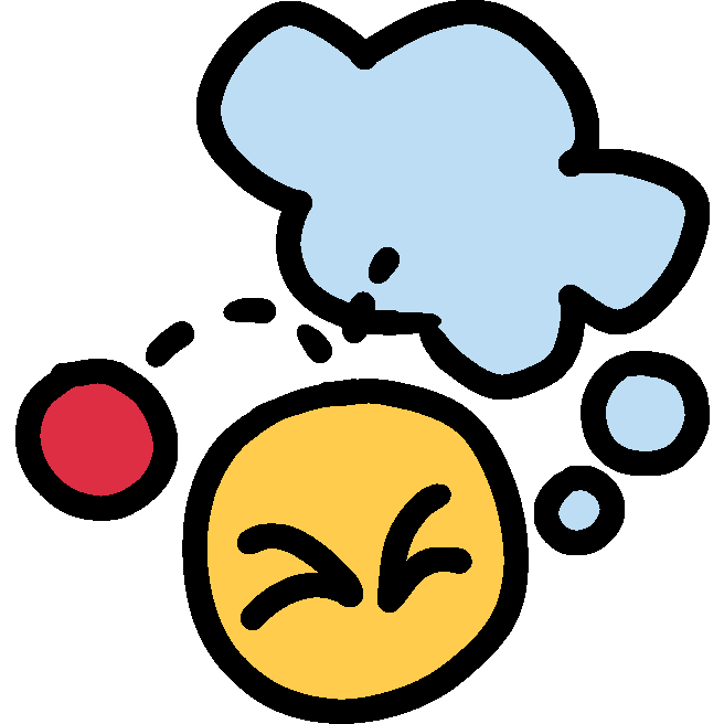 an emoji yellow face with a red ball falling out of their thought bubble and bonking them on the head, leaving a dashed line to show its path and the thought bubble empty